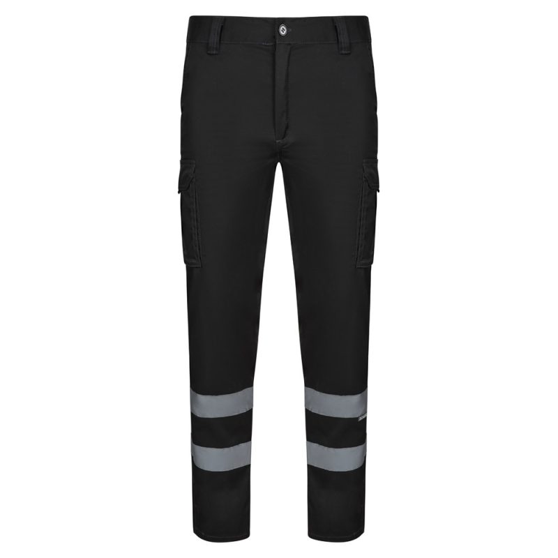 Black cargo trousers with reflective bands.