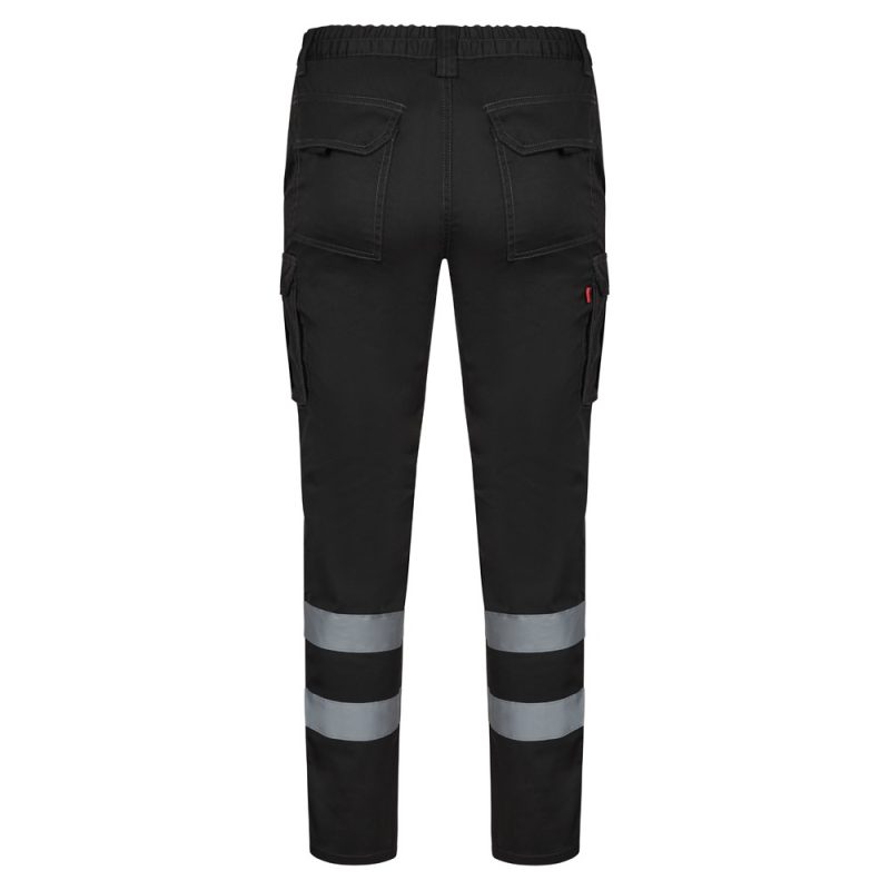 Black trousers with reflective safety bands, rear view.