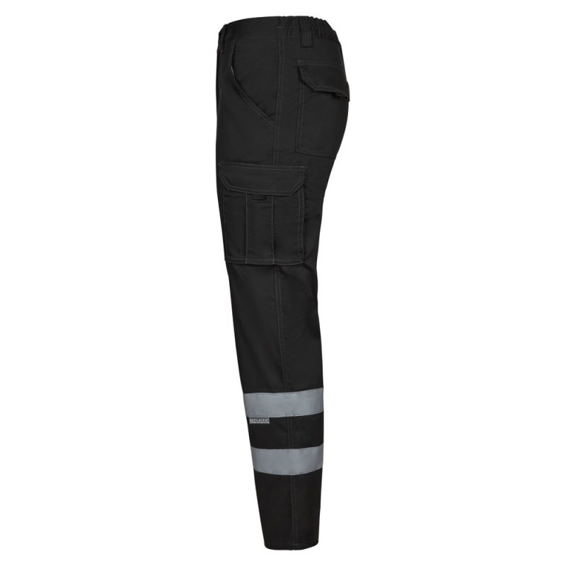 Black cargo trousers with reflective strips.
