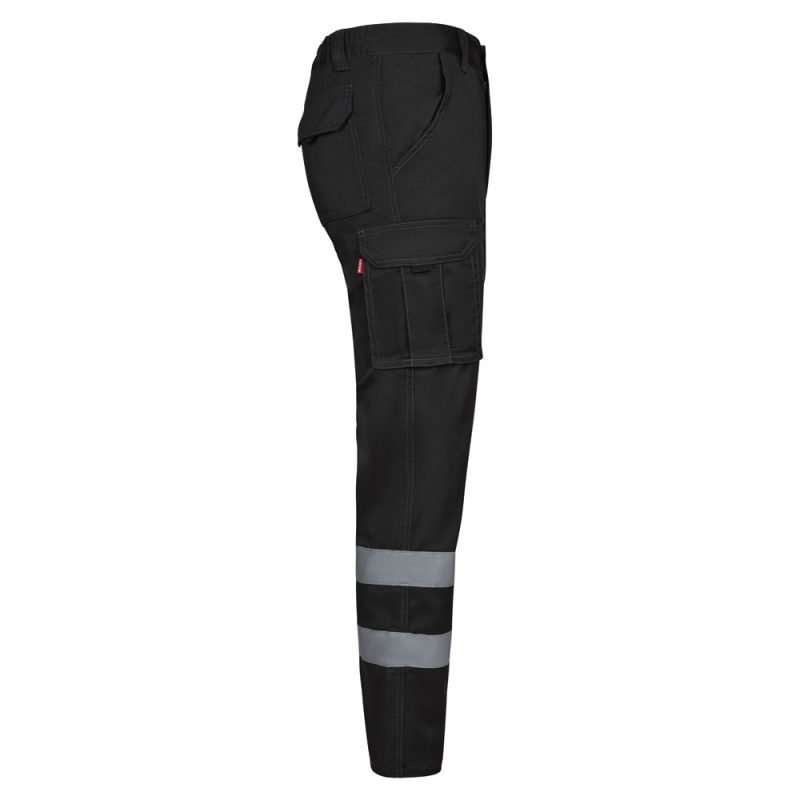 Black cargo trousers with reflective strips on legs.