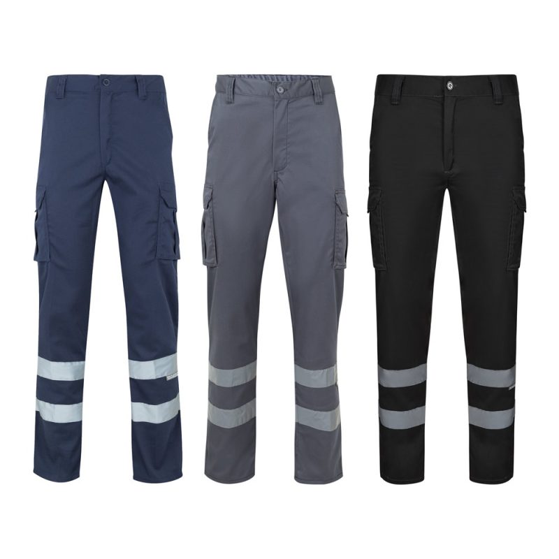 High visibility work trousers in navy, grey, black.