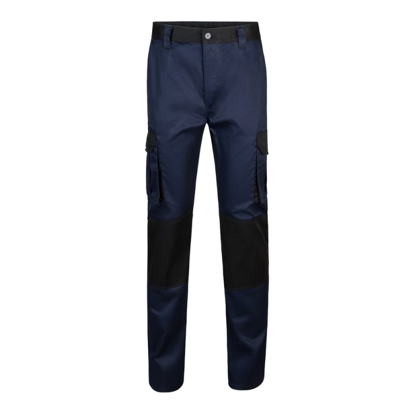 Blue cargo trousers with black knee patches.