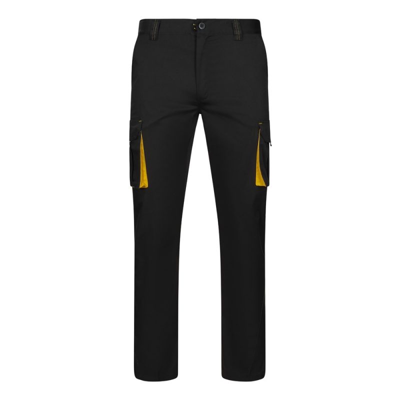 Black cargo trousers with yellow trim pockets.