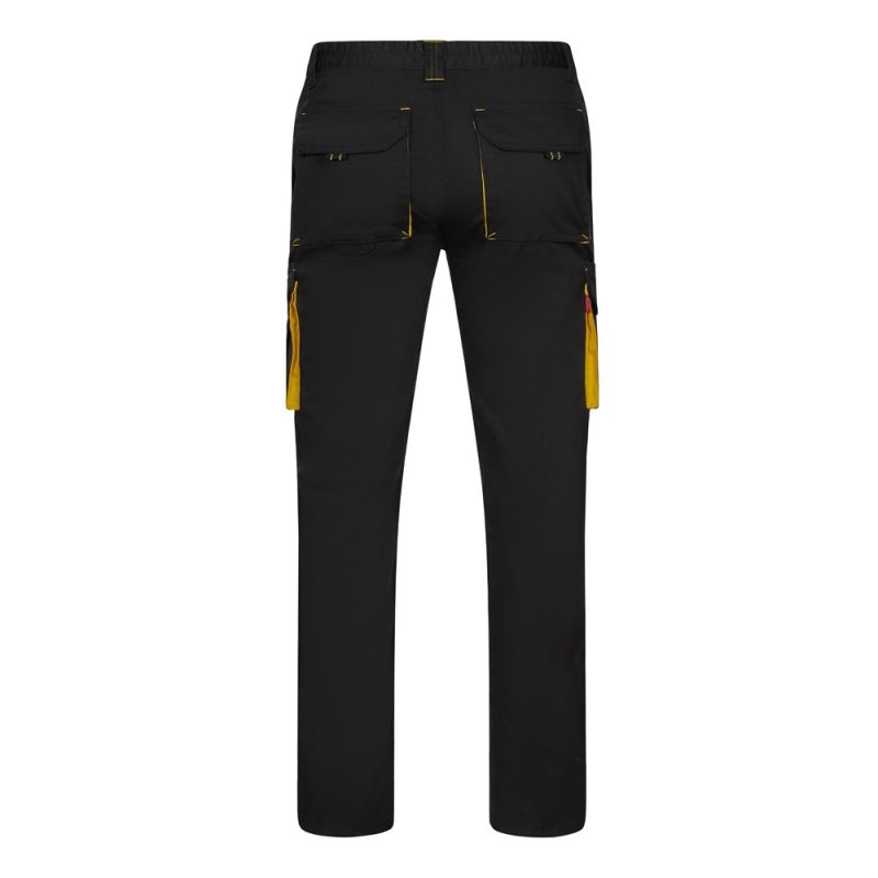 Black cargo trousers with yellow accents, back view.