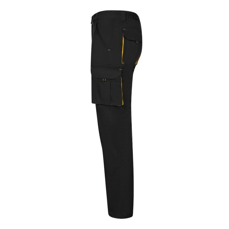 Black work trousers with multiple pockets, side view.