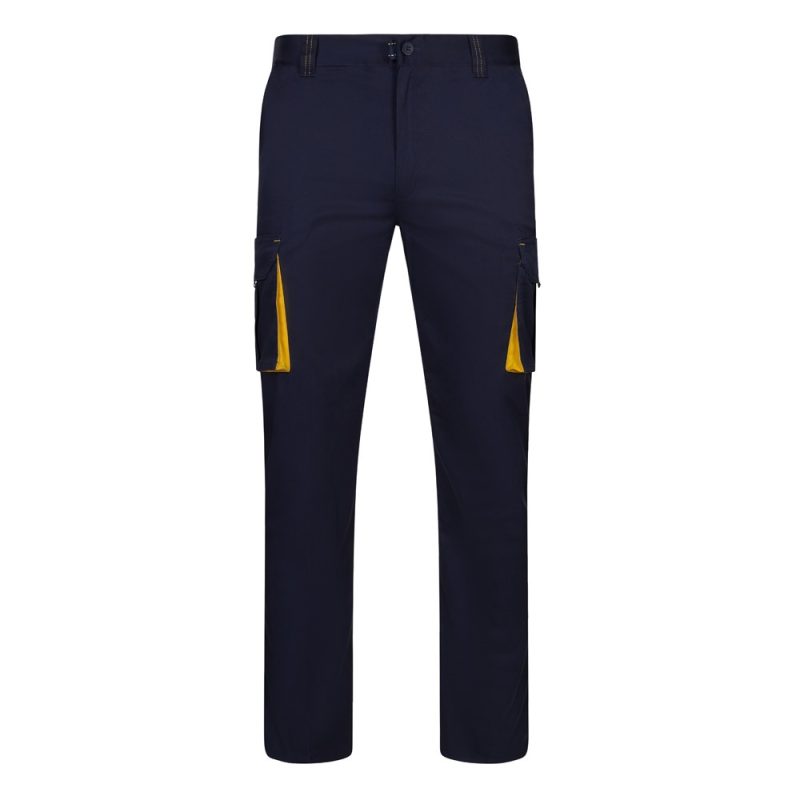 Navy blue cargo trousers with yellow accents.