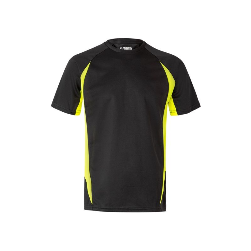 Black and yellow sports t-shirt on white background.