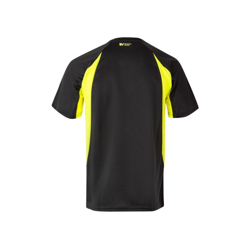 Black and yellow sports T-shirt, rear view.