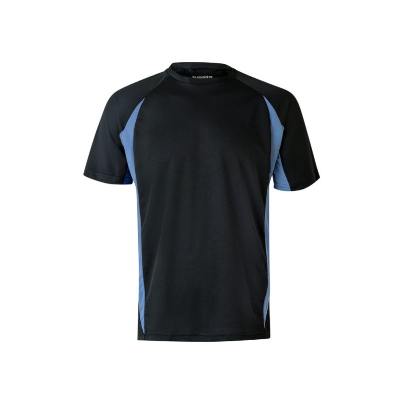 Black and blue sports t-shirt front view.