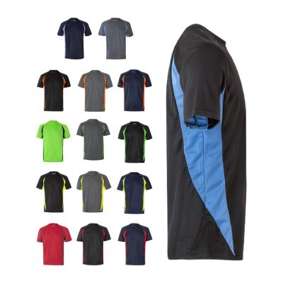 Collection of multicoloured sports T-shirts on display.