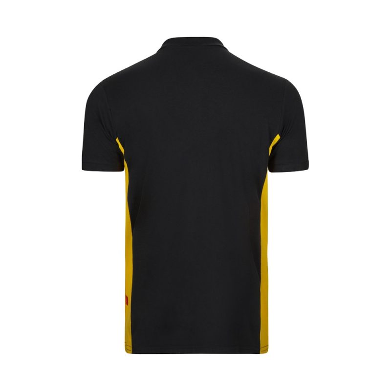 Back view of black and yellow polo shirt