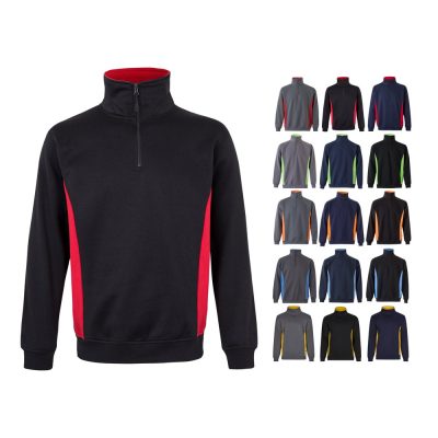 Multi-coloured zip-up sweaters with high collars.