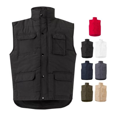 Multi-coloured sleeveless vests with pockets.