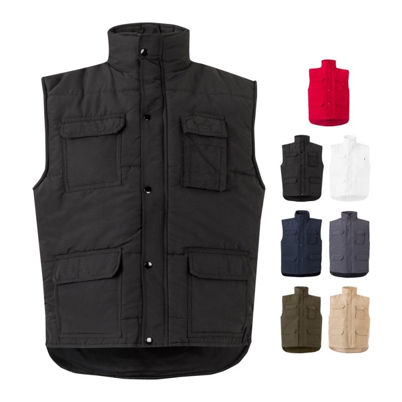 Multi-coloured sleeveless vests with pockets.
