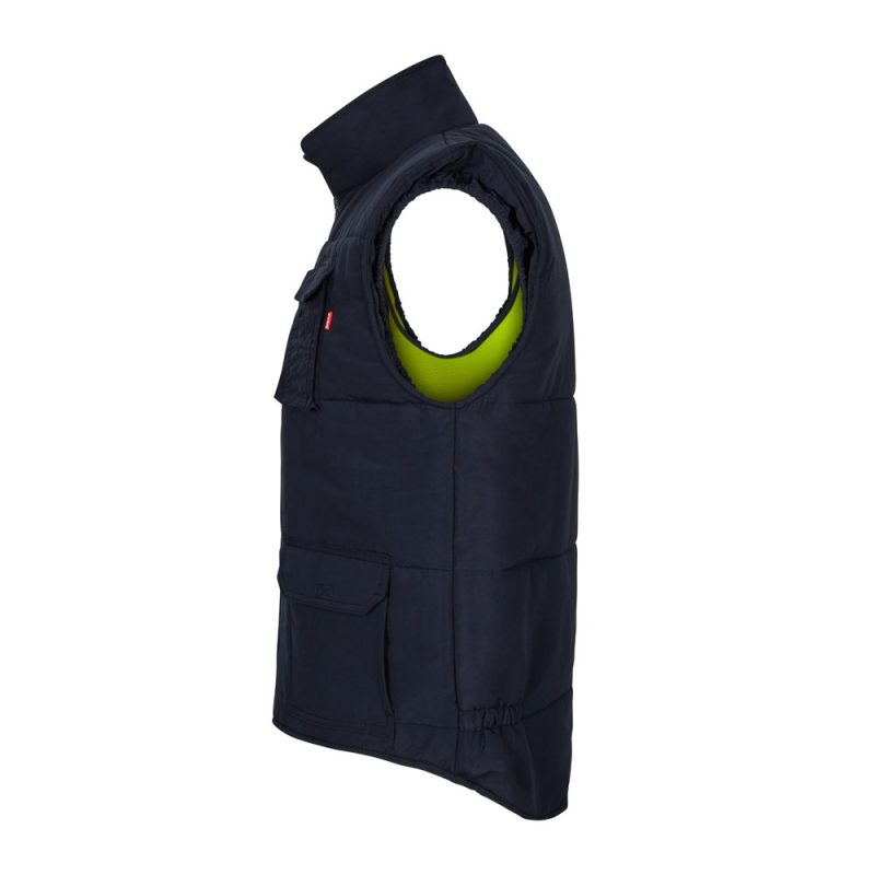 Navy padded vest with high collar and pockets.