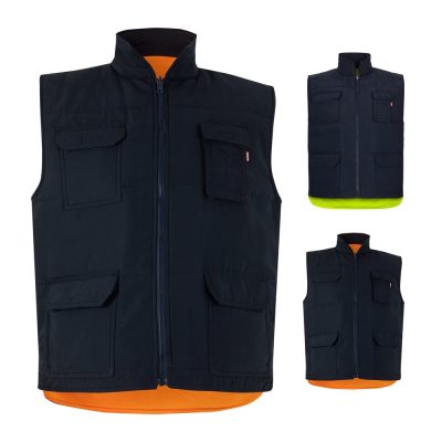 Navy work vests with multiple pockets.