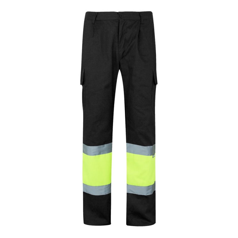 Black trousers with high-visibility reflective bands.