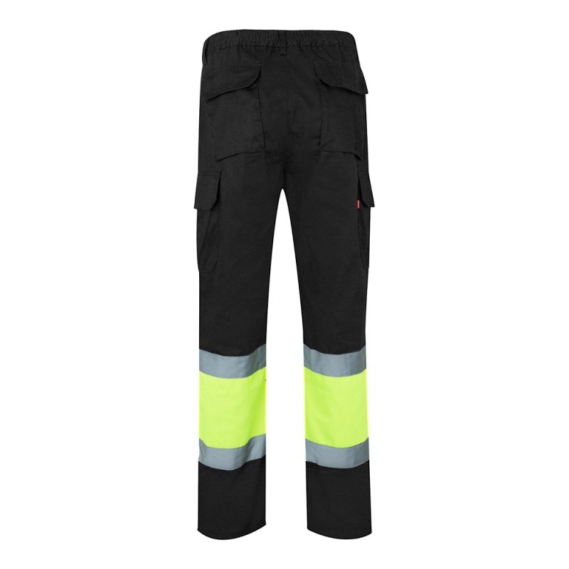 Black cargo trousers with reflective yellow stripes