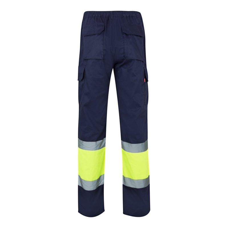 High-visibility work trousers with reflective bands.