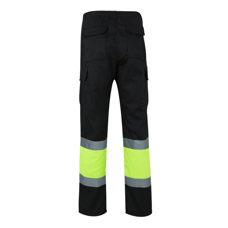 Hi-vis safety trousers with reflective bands.