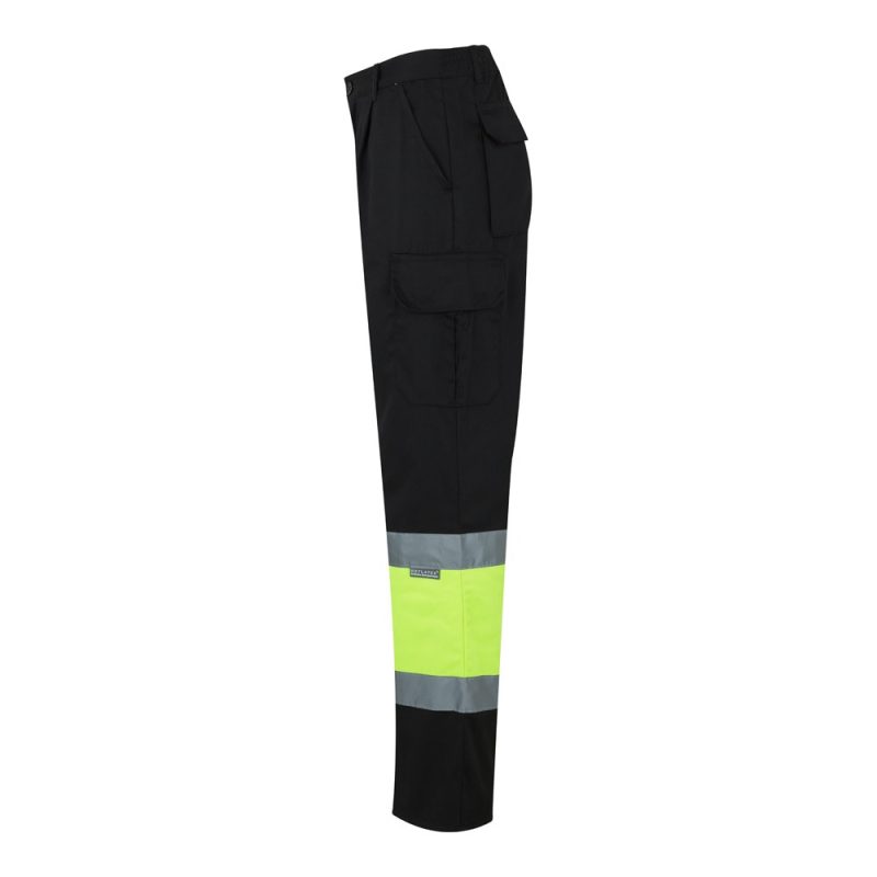 Black work trousers with reflective yellow bands.