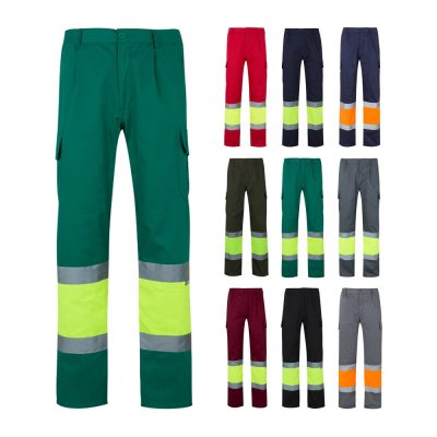 Multicoloured reflective work trousers display.