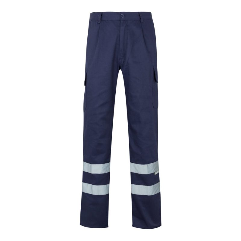 Navy cargo trousers with reflective bands