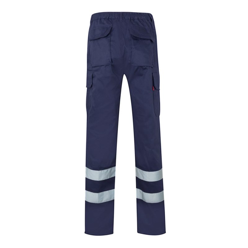 Navy high-visibility trousers with reflective strips.