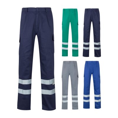 Five pairs of reflective work trousers in various colours.