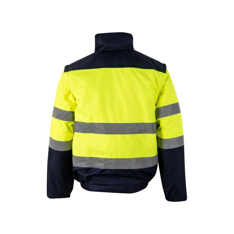 High-visibility jacket with reflective stripes, rear view.