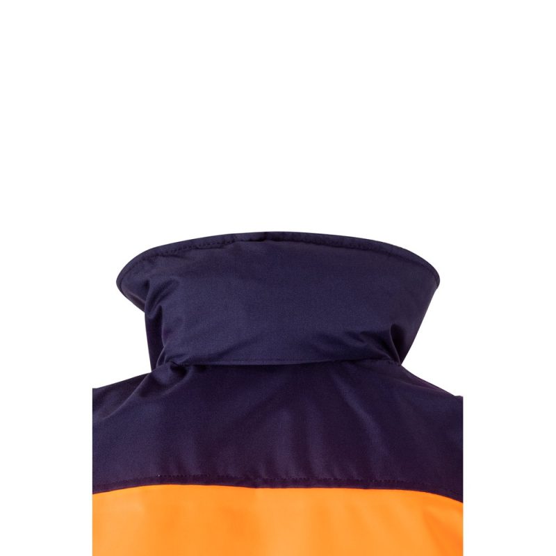 Navy and orange high-visibility jacket collar view