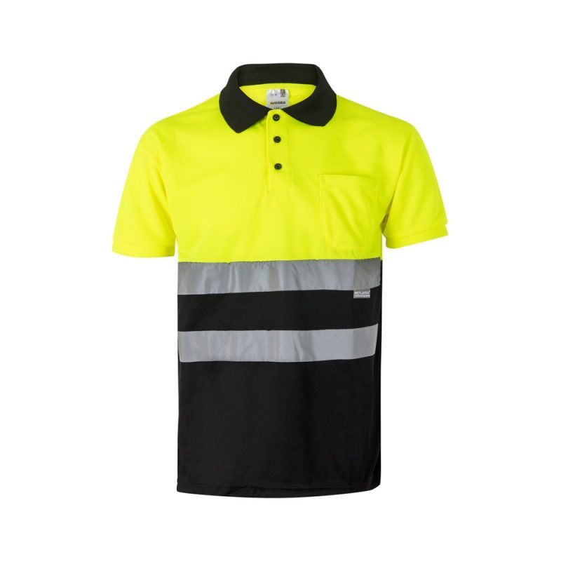 High-visibility yellow and black polo shirt.