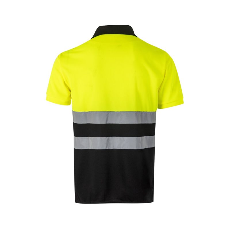 High-visibility yellow shirt with reflective stripes, back view.