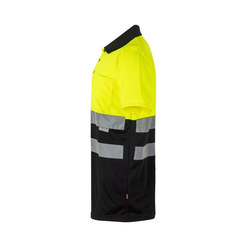 Side view of hi-vis yellow work polo shirt.