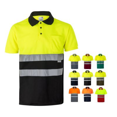 High-visibility polo shirts in various colours.