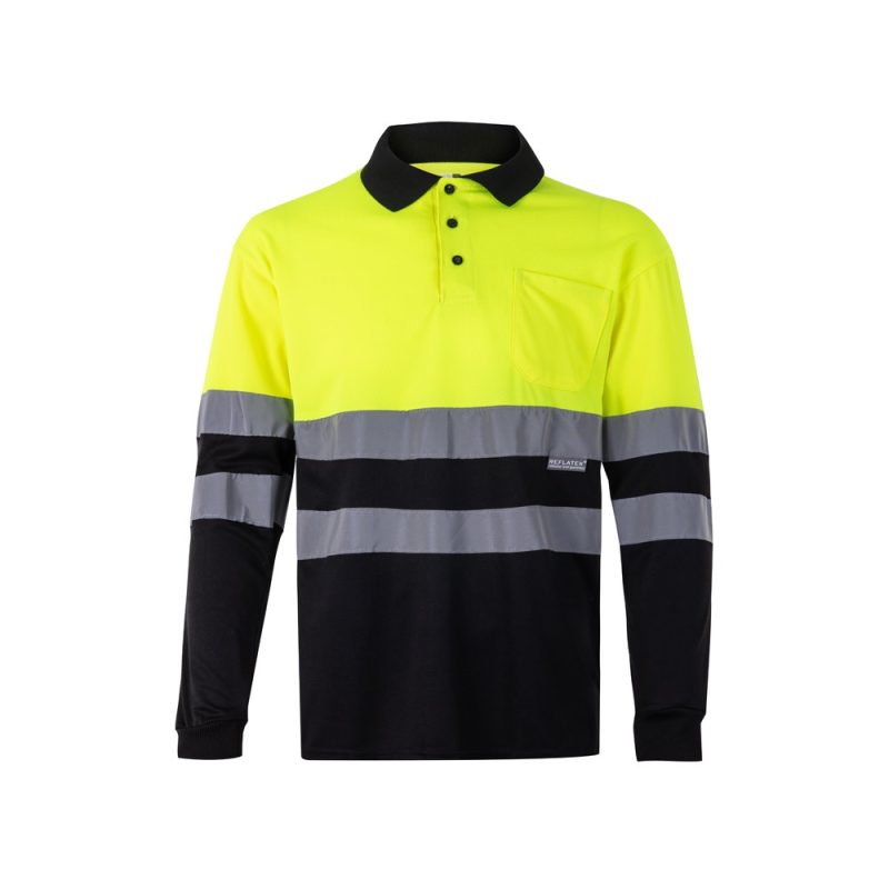Hi-vis long-sleeve work shirt with reflective bands.