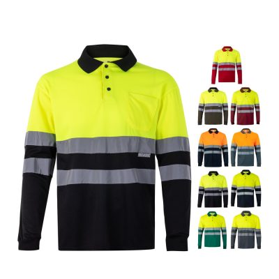 High-visibility long-sleeve safety shirts in various colours.
