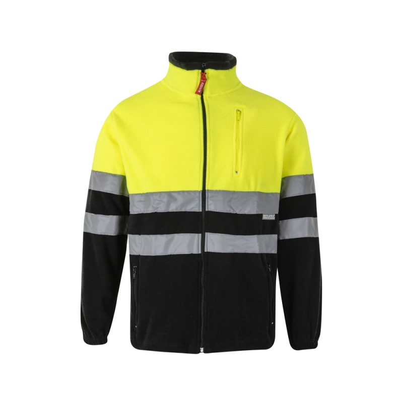 High-visibility yellow jacket with reflective stripes.