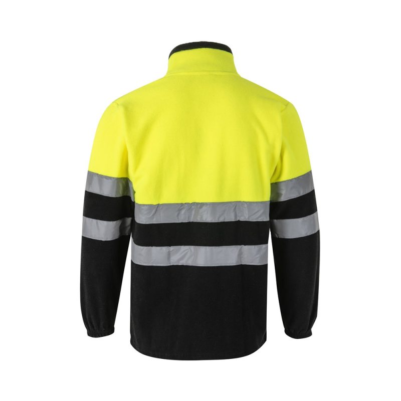 High-visibility jacket with reflective stripes, back view