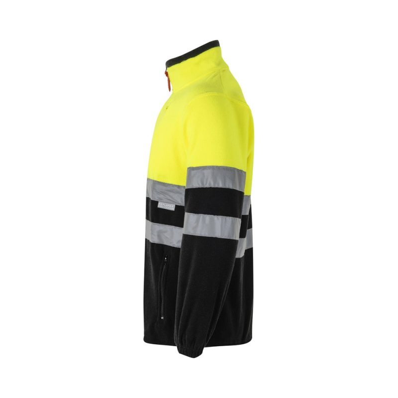 High visibility yellow and black safety jacket.