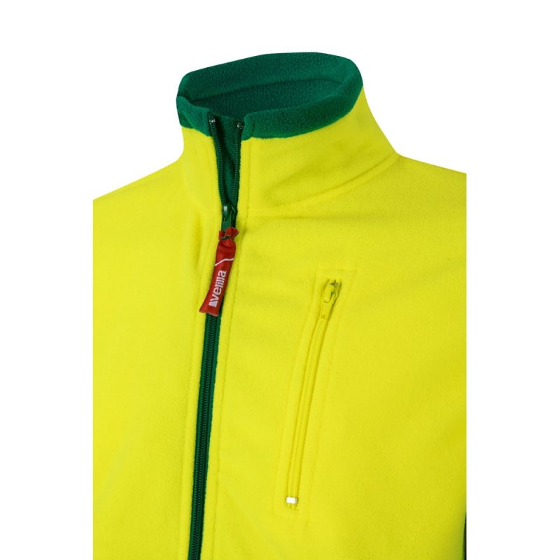 Bright yellow fleece jacket with green collar.