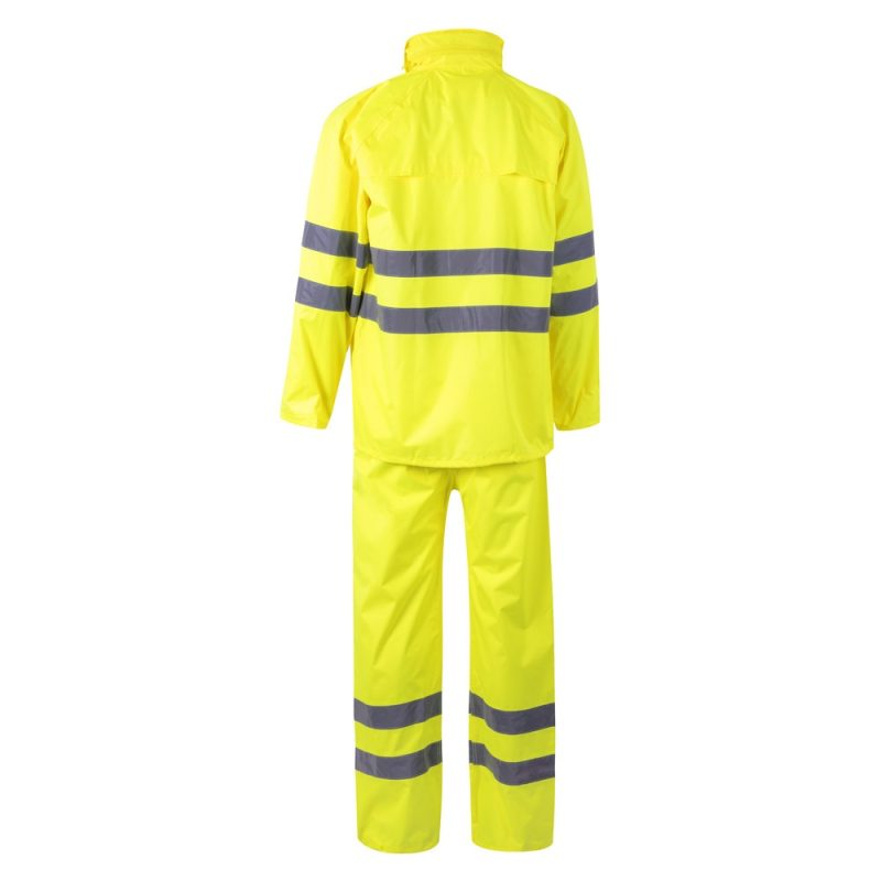 Yellow high-visibility waterproof jacket and trousers set.