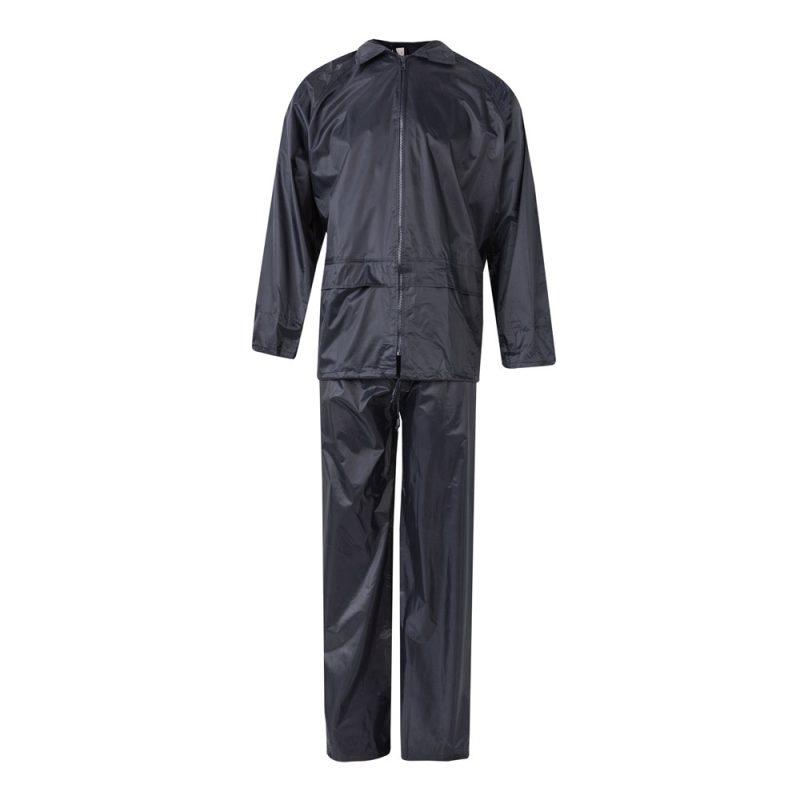 Black waterproof rain suit with hood and trousers.