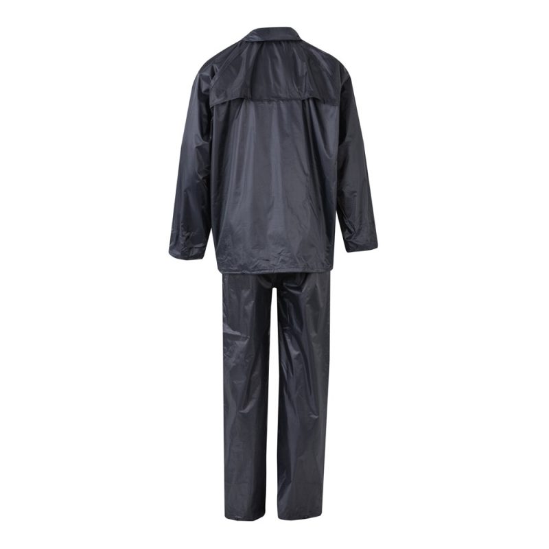 Black waterproof rain suit, jacket and trousers.