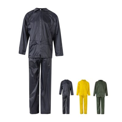 Multi-coloured raincoats and trousers set displayed.
