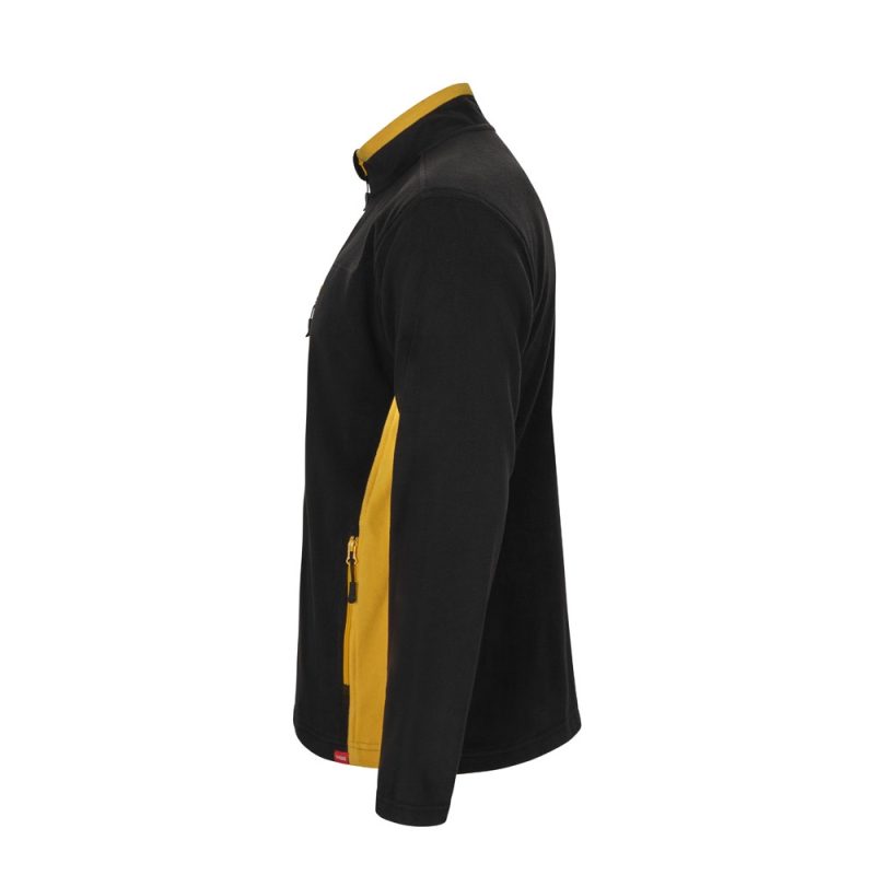 Black and yellow fleece jacket, side view.