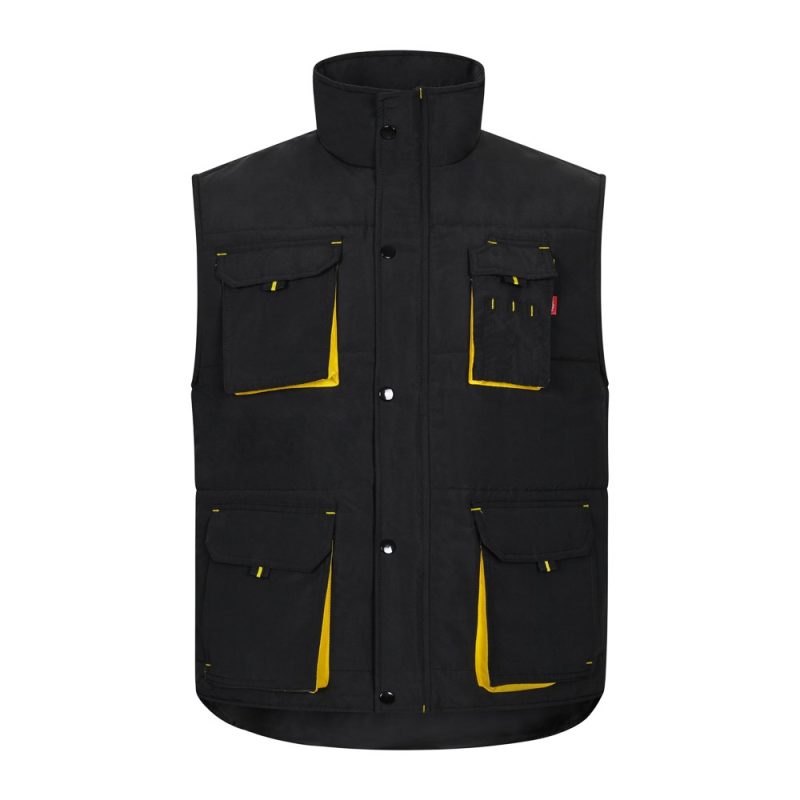 Black work vest with yellow accents and pockets.