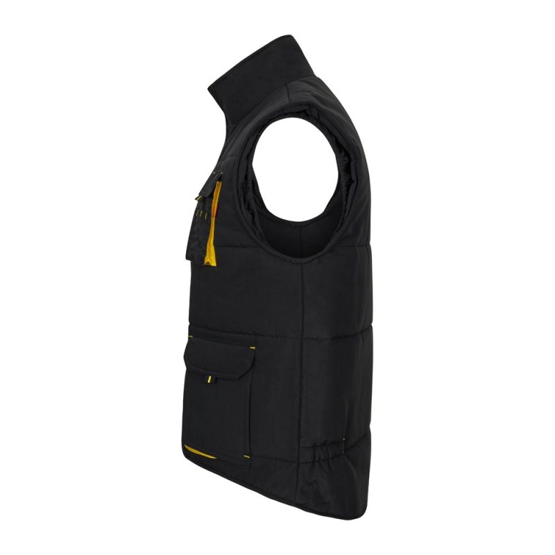 Side view of black sleeveless jacket with pockets.