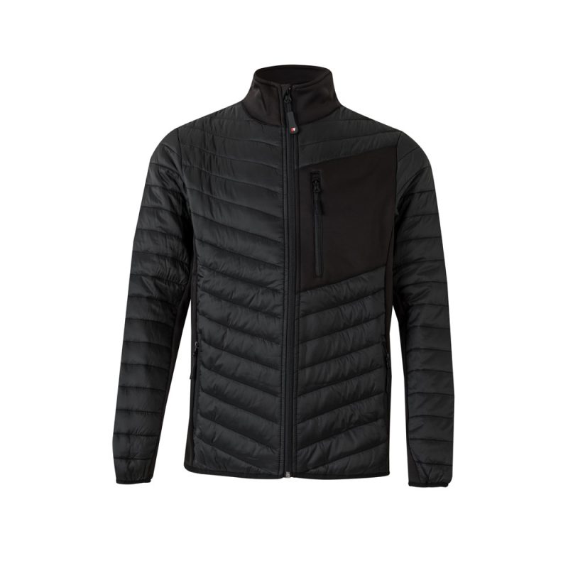 Black insulated jacket with high collar.