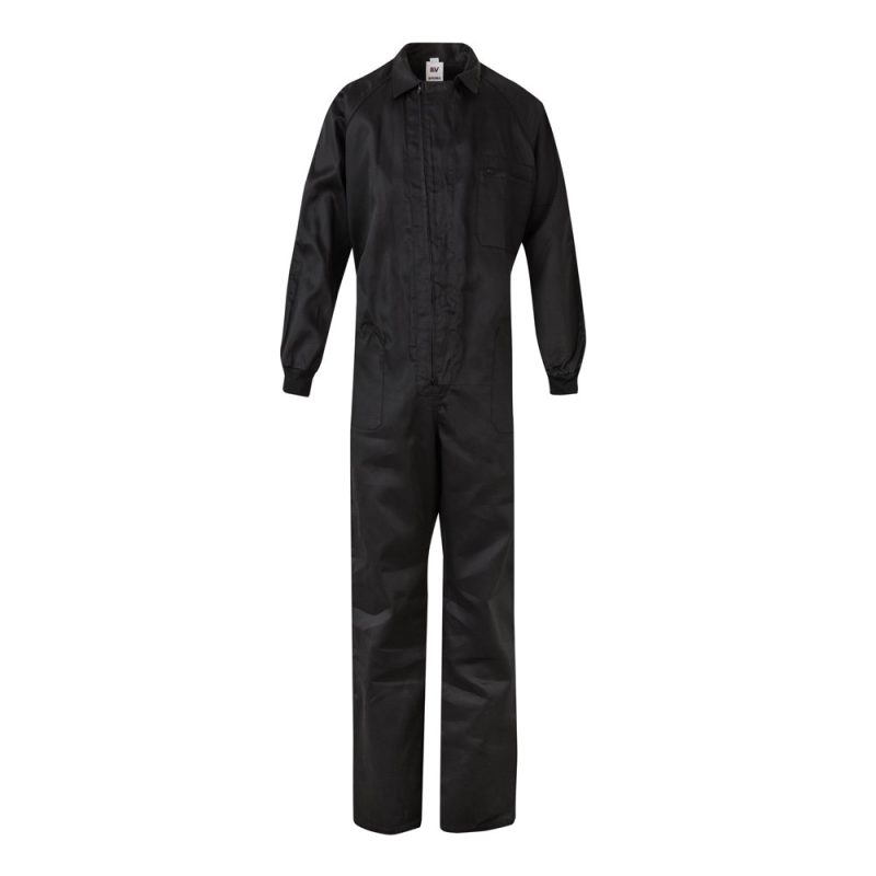 Black work coverall with long sleeves and collar.